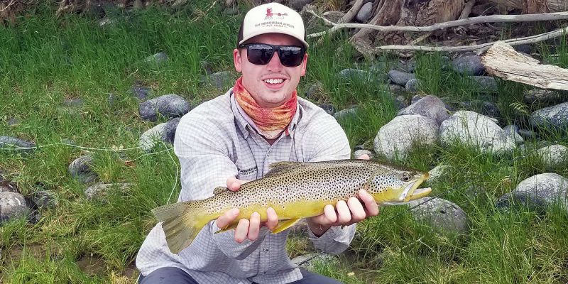 Float trip angler and large Yellowstone River brown trout