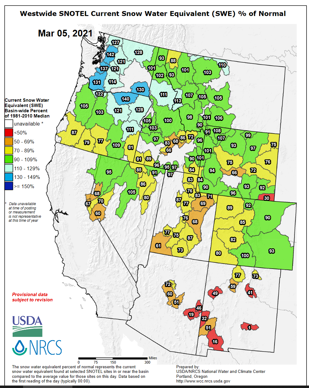 westwide snowpack March 6 2021