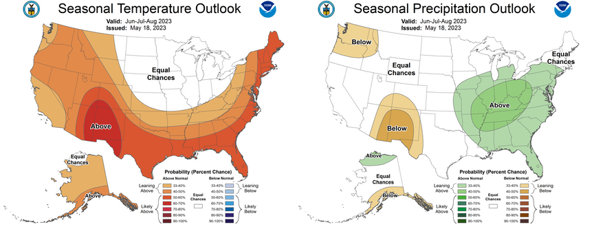 Temperature and precipitation outlook for June through August, 2023, courtesy NOAA