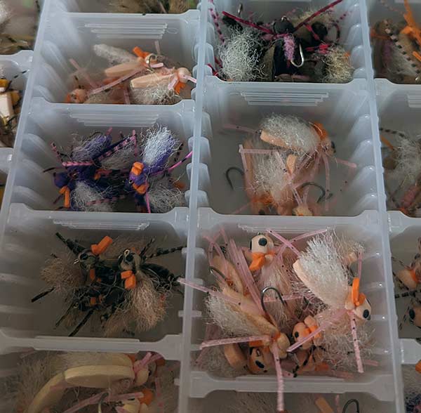 box full of colorful grasshopper fishing flies