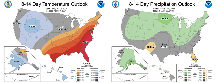 early may 2024 temperature and precip outlook, courtesy NOAA