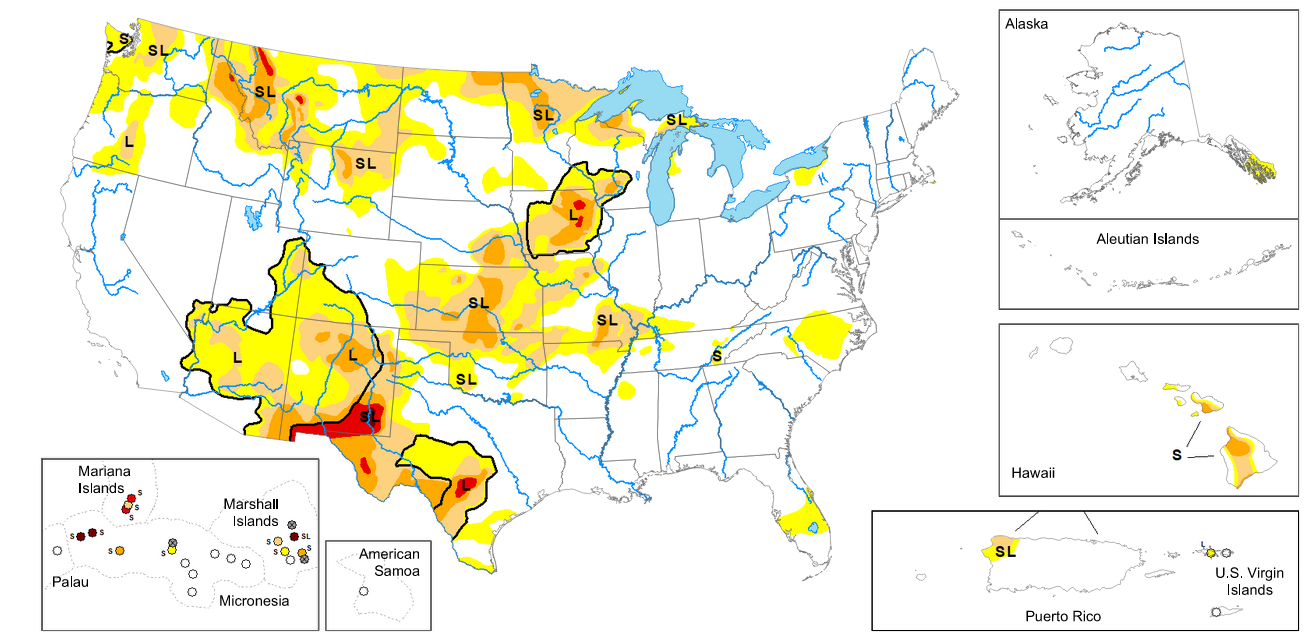 map showing the may 1 2024 drought conditions for the united states