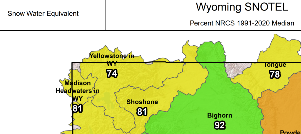 map of northwest wyoming snowpack as of May 1, 2024