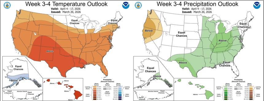 three and four week climate outlook for the USA as of March 21